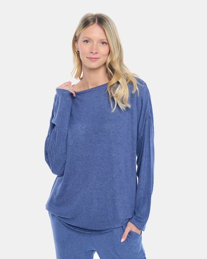 Brushed French Terry Women's Long Sleeve Crew Neck Lounge Top 1 College Navy