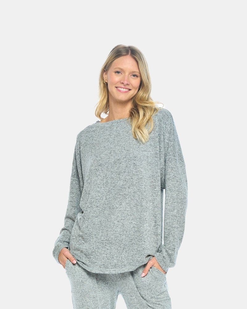 Brushed French Terry Women's Long Sleeve Crew Neck Lounge Top 5 Soft Grey