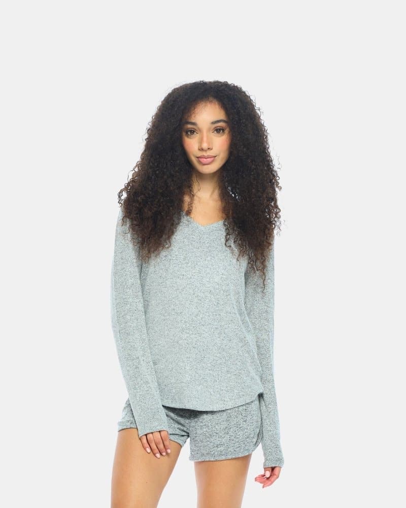 Women's Brushed Long Sleeve Raglan V-Neck Lounge Top 1 Soft Grey